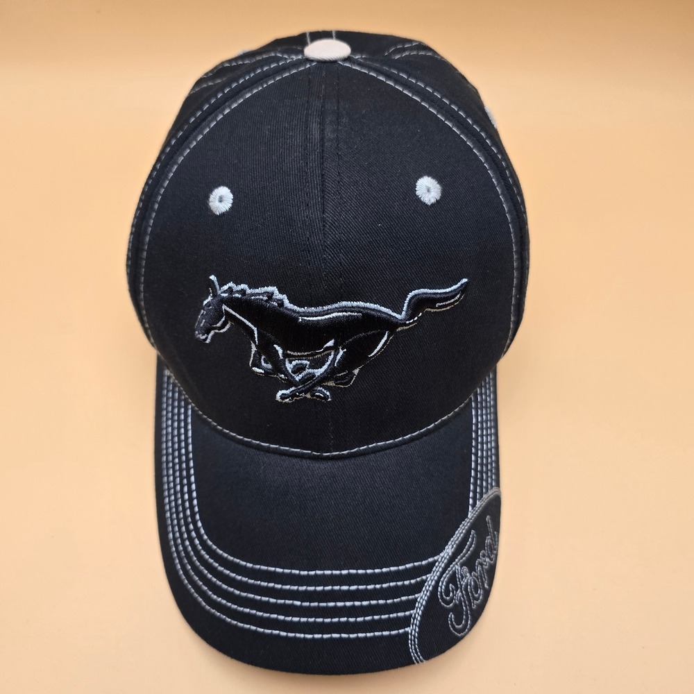 Ford Mustang Hat Black Checkered Flag Sports Embroidered Adjustable Baseball Cap